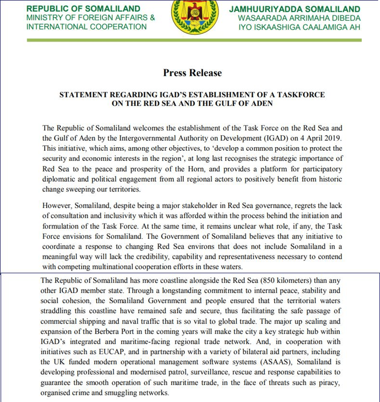 Somaliland Oo Mar Kale Ka Hadashay Ciidamo Loo Samaynayo Badda Cas Iyo Gacanka Cadan