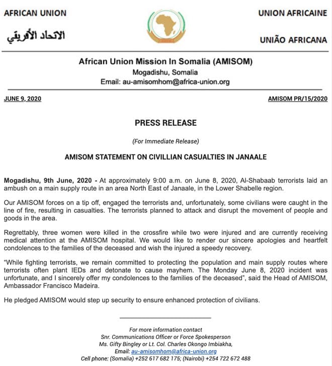 Midowga Afrika Oo Sheegay In AMISOM Dad Rayid Ah Ay Ku Dileen Gobolka Shabeeladda Hoose