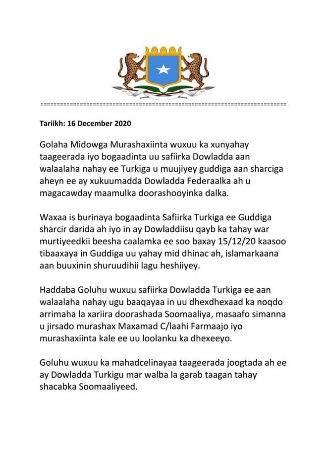 Midowga Musharixiinta Somalia Oo Safiirka Turkiga Ugu Baaqay Inuu Dhexdhexaad Ka Noqdo Doorashooyinka