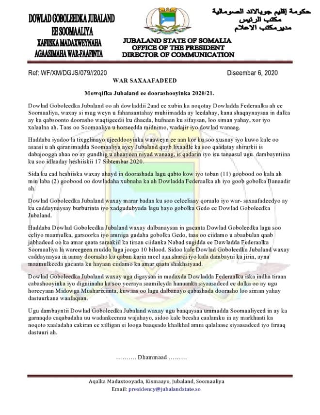 Maamul Goboleedka Jubbaland Oo Eedo U Jeediyey Dawladda Federalka Somalia