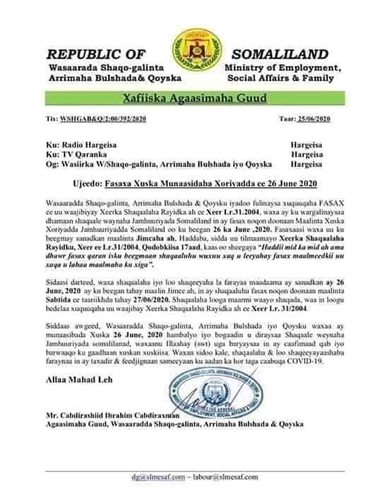 Wasaarada Shaqo Galinta Somaliland Oo Sheegtay In Shaqaalaha Dawladdu Fasax Yihiin Maalinta Sabtida Xuska 26-ka June Awgeed