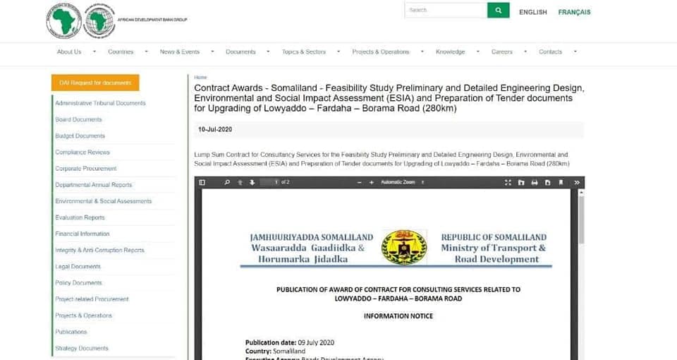 African Development Bank Group Oo Baahiyey Cida Ku Guulaysatay Qandaraaska Dhismaha Jidka Boorama Ilaa Lowyacaddo